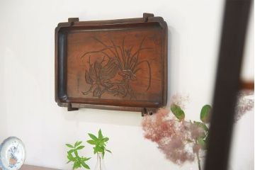 アンティーク雑貨　大正〜昭和初期　大胆な彫りの特大サイズ高級くりぬき盆(和盆、トレー)