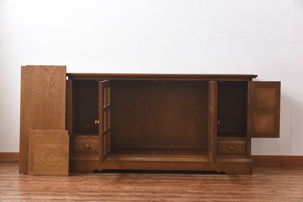 中古　北海道民芸　明るい色味がめずらしい!ナラ材のサイドボード(収納棚、キャビネット)(定価38万円)