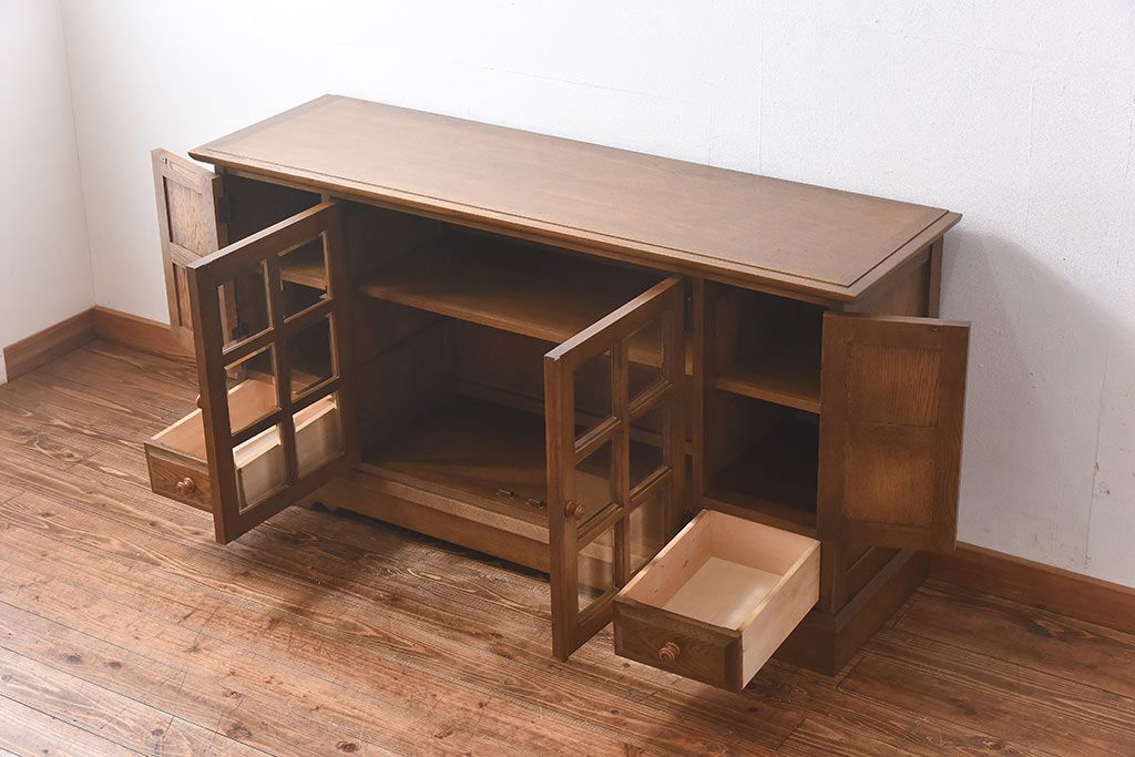 中古　北海道民芸　明るい色味がめずらしい!ナラ材のサイドボード(収納棚、キャビネット)(定価38万円)