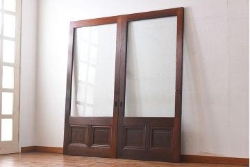和製アンティーク　腰板ケヤキ材　味わい深い風合いの大きなガラス戸(引き戸、建具)2枚セット