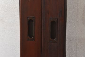 和製アンティーク　腰板ケヤキ材　味わい深い風合いの大きなガラス戸(引き戸、建具)2枚セット