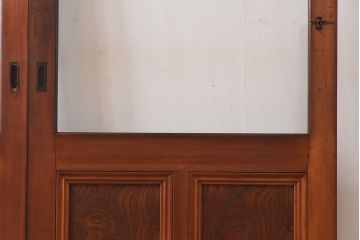 和製アンティーク　腰板ケヤキ材　味わい深い風合いの大きなガラス戸(引き戸、建具)2枚セット