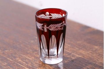 アンティーク雑貨　昭和初期　赤被せ　切子ショットグラス(酒器、和食器)