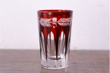 アンティーク雑貨　昭和初期　赤被せ　切子ショットグラス(酒器、和食器)