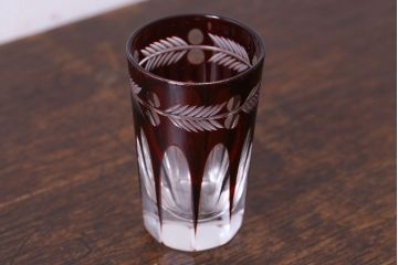 アンティーク雑貨　昭和初期　赤被せ　切子ショットグラス(酒器、和食器)