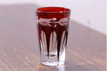 アンティーク雑貨　昭和初期　赤被せ　切子ショットグラス(酒器、和食器)