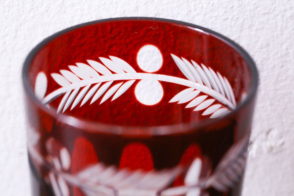 アンティーク雑貨　昭和初期　赤被せ　切子ショットグラス(酒器、和食器)