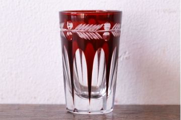 アンティーク雑貨　昭和初期　赤被せ　切子ショットグラス(酒器、和食器)