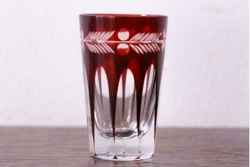 アンティーク雑貨　昭和初期　赤被せ　切子ショットグラス(酒器、和食器)