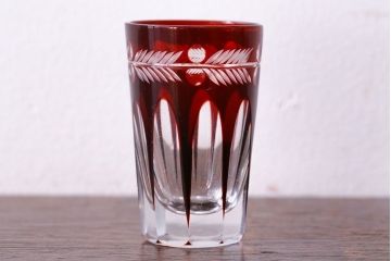 アンティーク雑貨　昭和初期　赤被せ　切子ショットグラス(酒器、和食器)