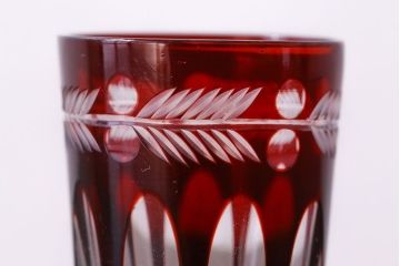 アンティーク雑貨　昭和初期　赤被せ　切子ショットグラス(酒器、和食器)