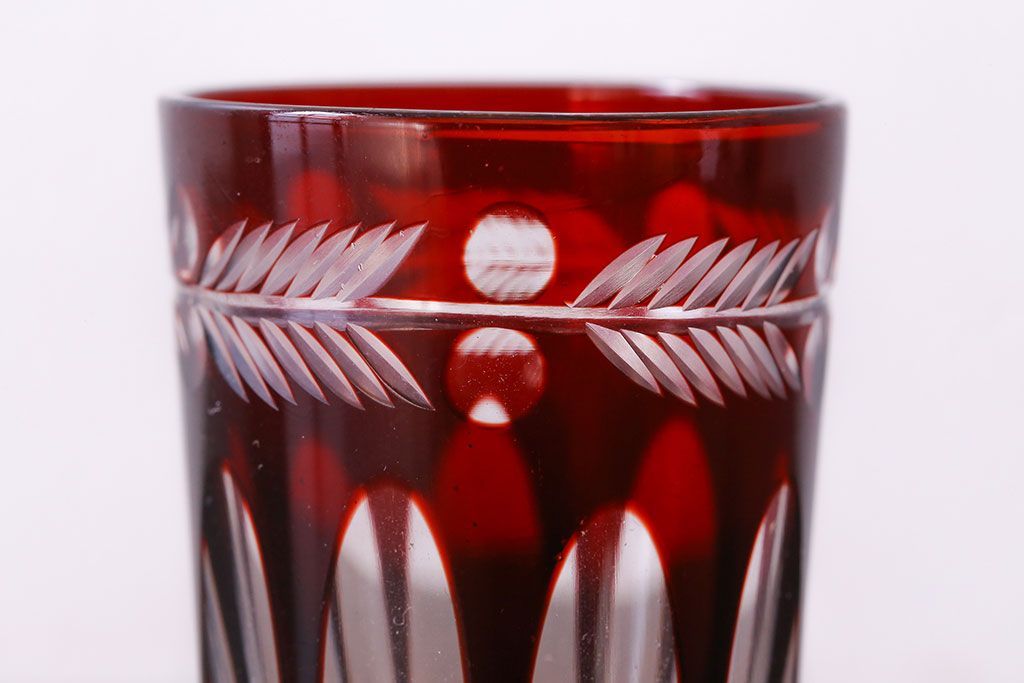 アンティーク雑貨　昭和初期　赤被せ　切子ショットグラス(酒器、和食器)