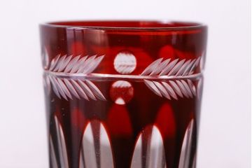 アンティーク雑貨　昭和初期　赤被せ　切子ショットグラス(酒器、和食器)
