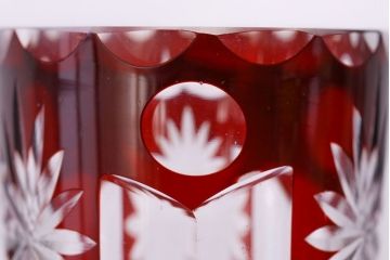 アンティーク雑貨　昭和初期　赤被せ　菊花紋　切子ショットグラス(酒器、和食器)2個セット