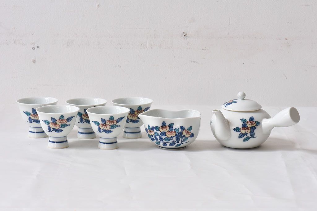 アンティーク雑貨　十三代今泉今右衛門　箱付　錦橘絵煎茶器(和食器、急須、盃、片口)