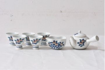 アンティーク雑貨　十三代今泉今右衛門　箱付　錦橘絵煎茶器(和食器、急須、盃、片口)