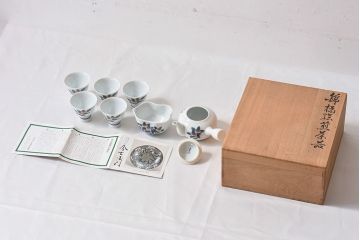 アンティーク雑貨　十三代今泉今右衛門　箱付　錦橘絵煎茶器(和食器、急須、盃、片口)