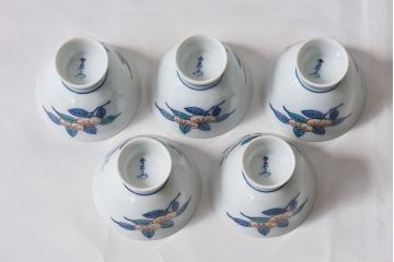 アンティーク雑貨　十三代今泉今右衛門　箱付　錦橘絵煎茶器(和食器、急須、盃、片口)