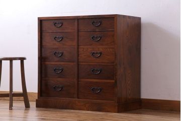 中古　江戸指物　総ケヤキが美しい10杯引き出し箪笥(引き出し、チェスト)