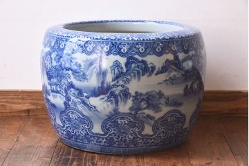 アンティーク雑貨　昭和初期　和の雰囲気漂う山水図の瀬戸火鉢(鉢カバー)