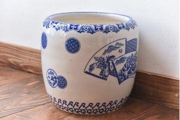 アンティーク雑貨　昭和期　山水図　窓絵　在銘　重光山人　和の雰囲気漂う瀬戸火鉢(鉢カバー)
