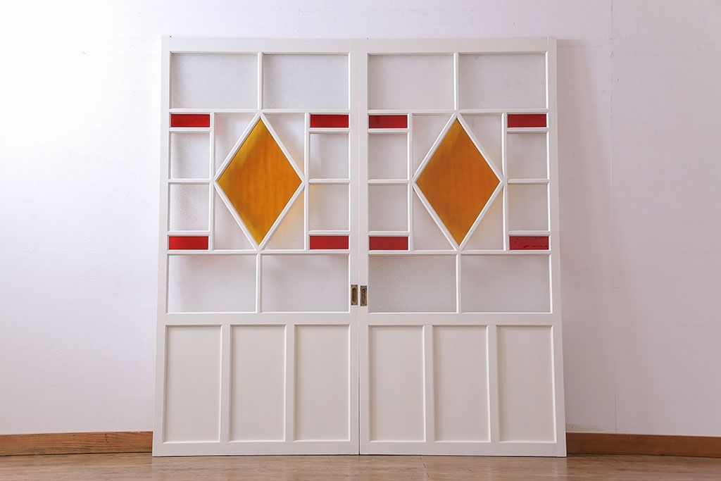 和製アンティーク　明るい色ガラスが魅力のペイントガラス引き戸(ガラス戸、建具)2枚セット