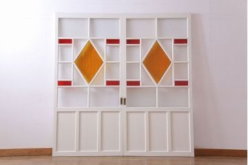 和製アンティーク　明るい色ガラスが魅力のペイントガラス引き戸(ガラス戸、建具)2枚セット