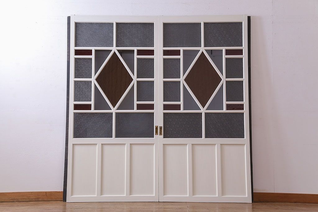 和製アンティーク　明るい色ガラスが魅力のペイントガラス引き戸(ガラス戸、建具)2枚セット