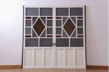 和製アンティーク　明るい色ガラスが魅力のペイントガラス引き戸(ガラス戸、建具)2枚セット