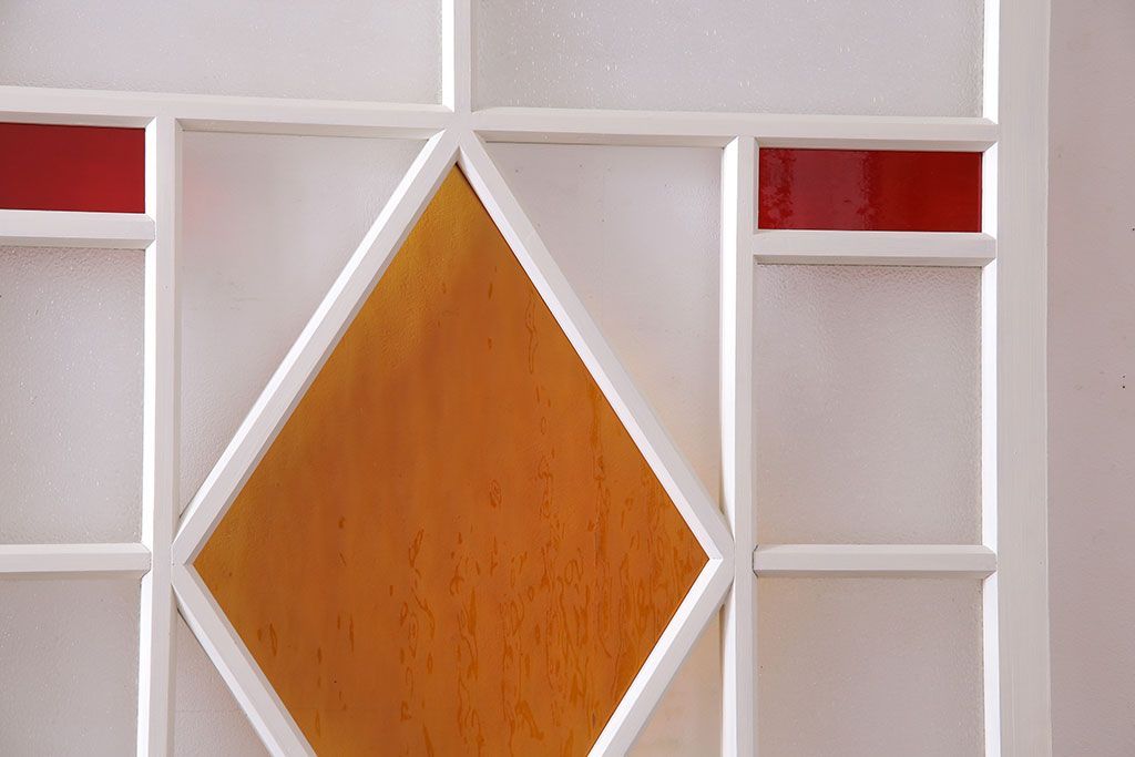 和製アンティーク　明るい色ガラスが魅力のペイントガラス引き戸(ガラス戸、建具)2枚セット