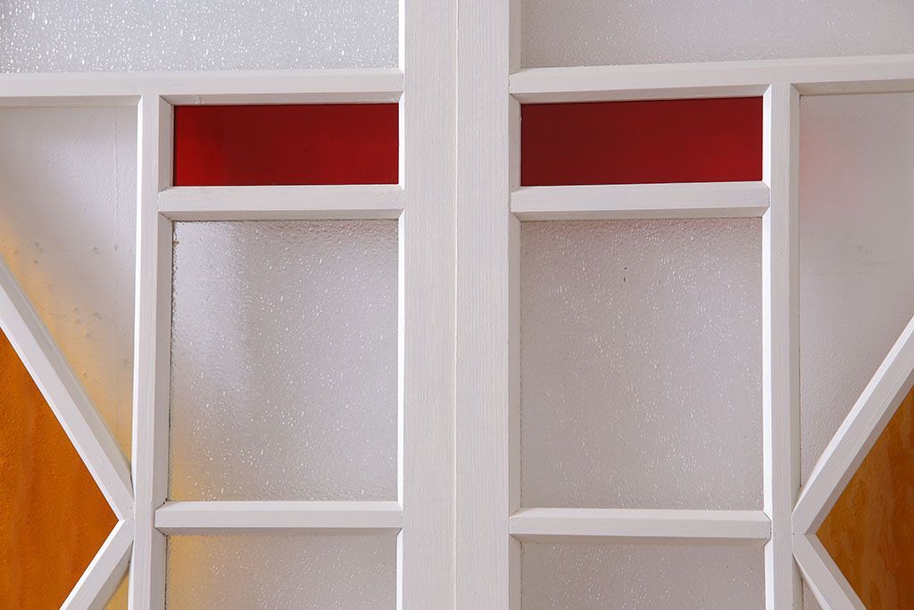 和製アンティーク　明るい色ガラスが魅力のペイントガラス引き戸(ガラス戸、建具)2枚セット