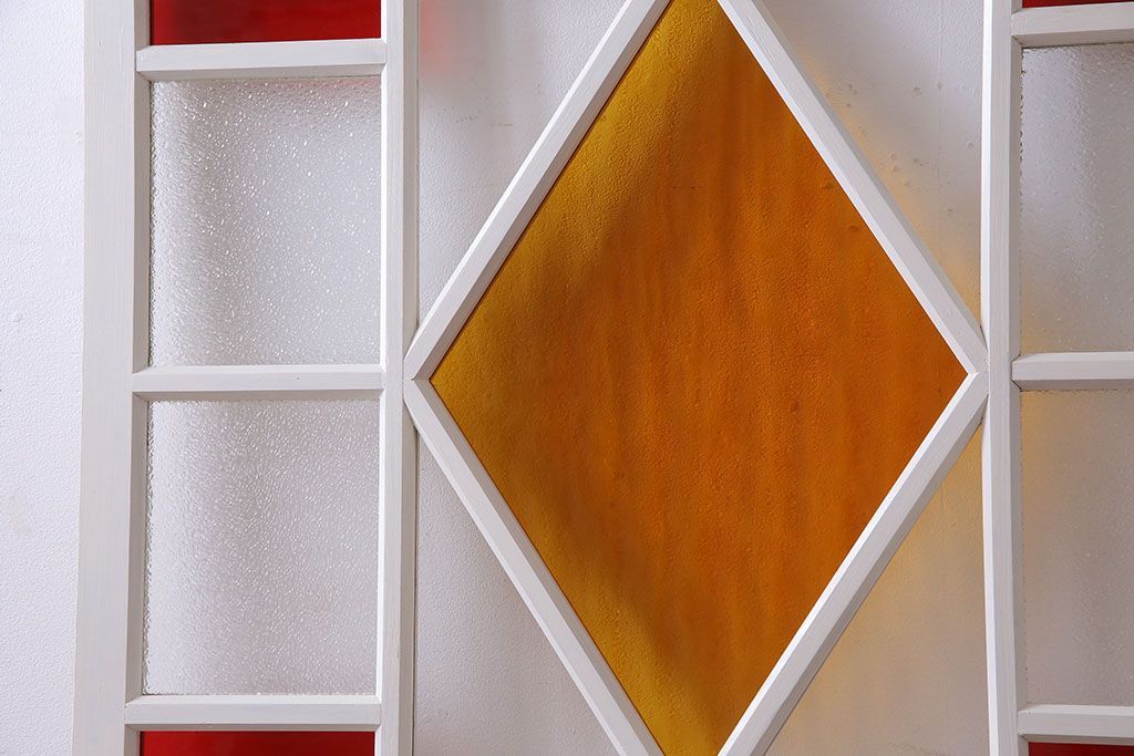 和製アンティーク　明るい色ガラスが魅力のペイントガラス引き戸(ガラス戸、建具)2枚セット