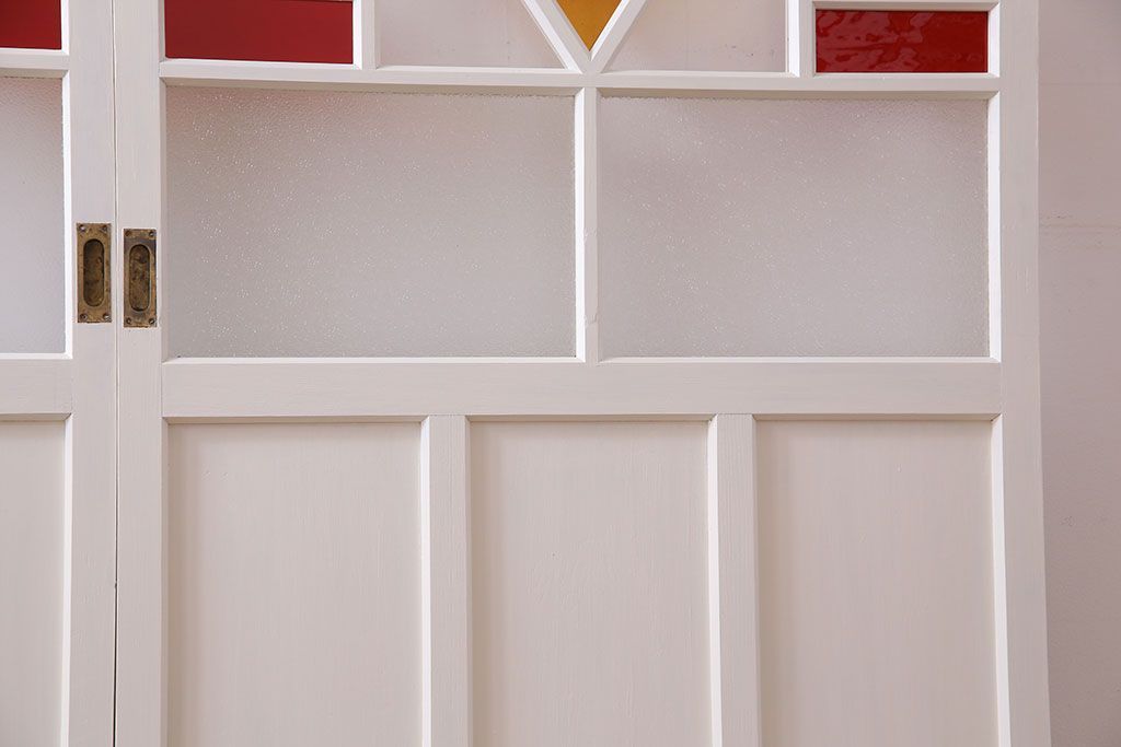 和製アンティーク　明るい色ガラスが魅力のペイントガラス引き戸(ガラス戸、建具)2枚セット