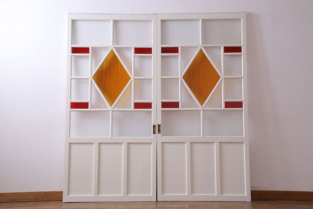 和製アンティーク　明るい色ガラスが魅力のペイントガラス引き戸(ガラス戸、建具)2枚セット