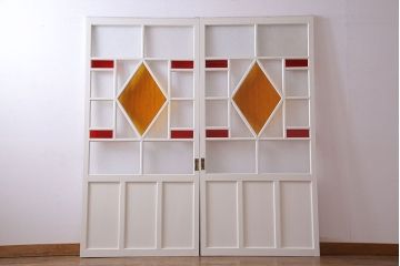 和製アンティーク　明るい色ガラスが魅力のペイントガラス引き戸(ガラス戸、建具)2枚セット