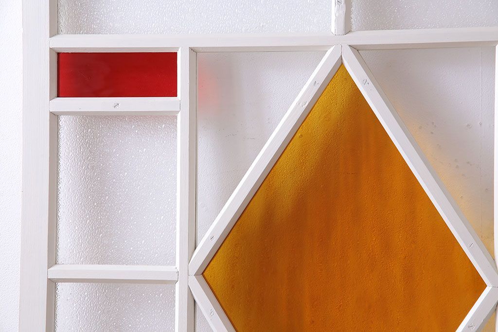 和製アンティーク　明るい色ガラスが魅力のペイントガラス引き戸(ガラス戸、建具)2枚セット