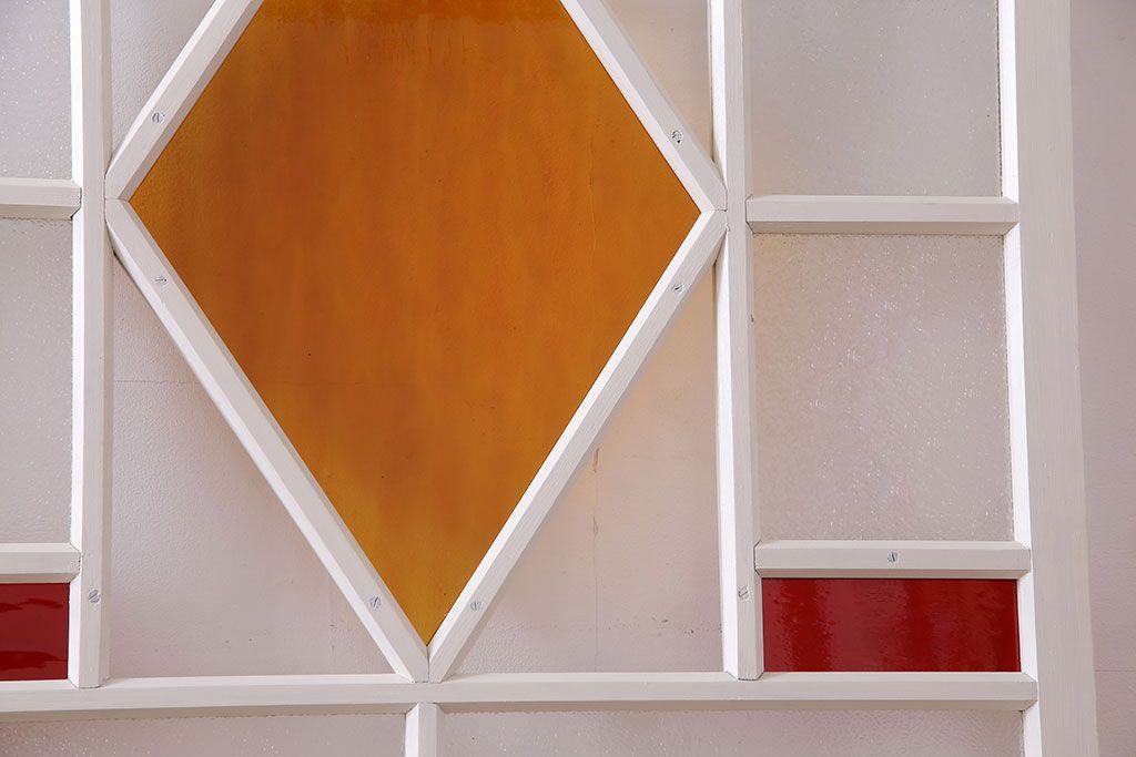 和製アンティーク　明るい色ガラスが魅力のペイントガラス引き戸(ガラス戸、建具)2枚セット