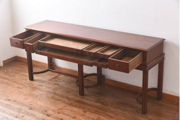 アンティーク家具　イギリスアンティーク　マホガニー　細かな引き出しが魅力の薄型コンソールテーブル(サイドテーブル)