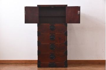 中古 伝統民芸家具 岩谷堂箪笥　開き戸　立長箪笥(引き出し、縦型チェスト、タンス)