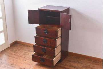 中古 伝統民芸家具 岩谷堂箪笥　開き戸　立長箪笥(引き出し、縦型チェスト、タンス)