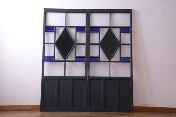 和製アンティーク　シックな雰囲気が漂うペイントガラス引き戸(ガラス戸、建具)2枚セット