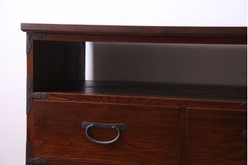 アンティーク家具　大正〜昭和初期　リメイク品　オープンラックが付いた時代箪笥サイドチェスト(ローボード、引き出し)