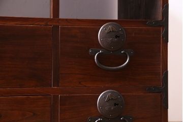 アンティーク家具　大正〜昭和初期　リメイク品　オープンラックが付いた時代箪笥サイドチェスト(ローボード、引き出し)