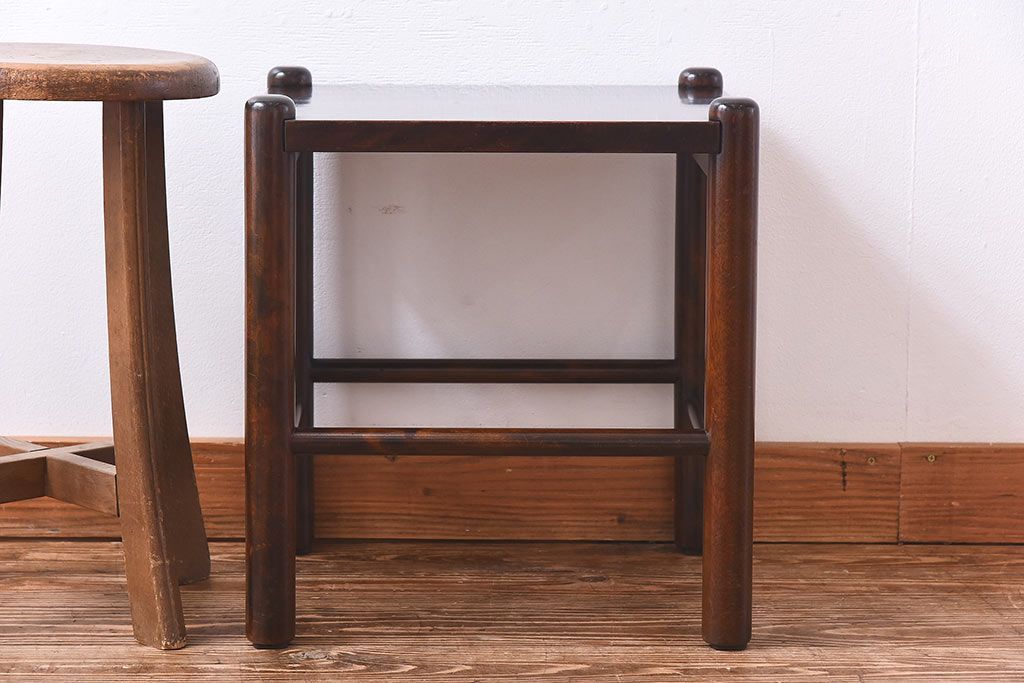 北海道民芸家具　スツール　サイドテーブル　古家具　ビンテージ家具 北海道民芸家具 樺無垢材 ＃670 スクエアスツール サイド
