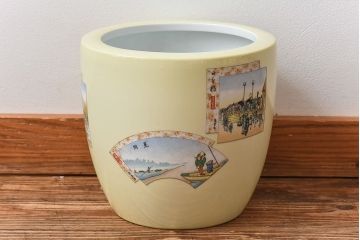 和製アンティーク　オールドノリタケ　日陶(則武)　「東海道五十三次」和の雰囲気漂う火鉢(瀬戸火鉢、Noritake、noritake、NORITAKE、手あぶり、鉢カバー、傘立て、ディスプレイ)(2)(R-028059)