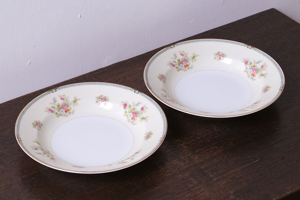 アンティーク雑貨　中古　ノリタケ(Noritake、則武)　可憐な花柄が魅力のスープ皿(洋食器)2枚セット(1)