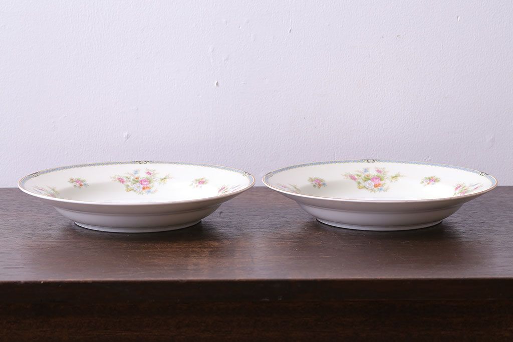 アンティーク雑貨　中古　ノリタケ(Noritake、則武)　可憐な花柄が魅力のスープ皿(洋食器)2枚セット(3)