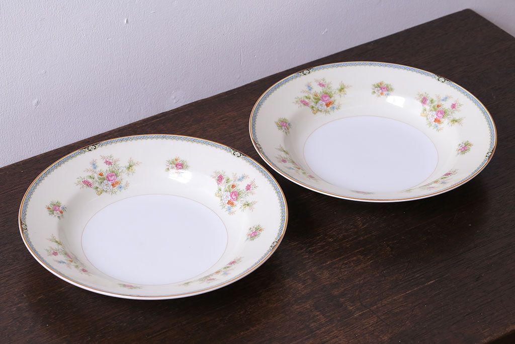 アンティーク雑貨　中古　ノリタケ(Noritake、則武)　可憐な花柄が魅力のスープ皿(洋食器)2枚セット(3)