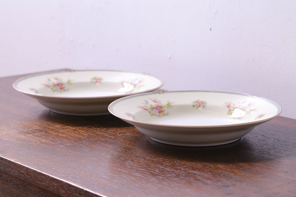 アンティーク雑貨　中古　ノリタケ(Noritake、則武)　可憐な花柄が魅力のスープ皿(洋食器)2枚セット(3)