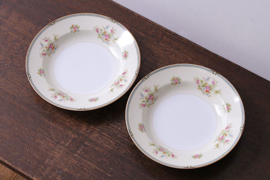 アンティーク雑貨　中古　ノリタケ(Noritake、則武)　可憐な花柄が魅力のスープ皿(洋食器)2枚セット(3)